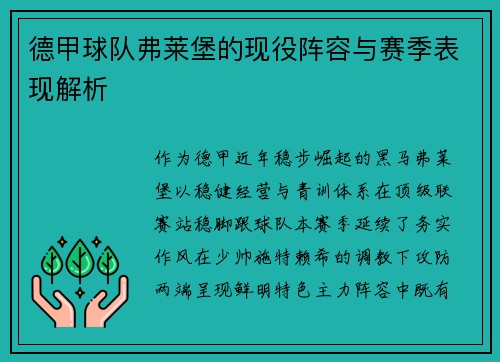 德甲球队弗莱堡的现役阵容与赛季表现解析